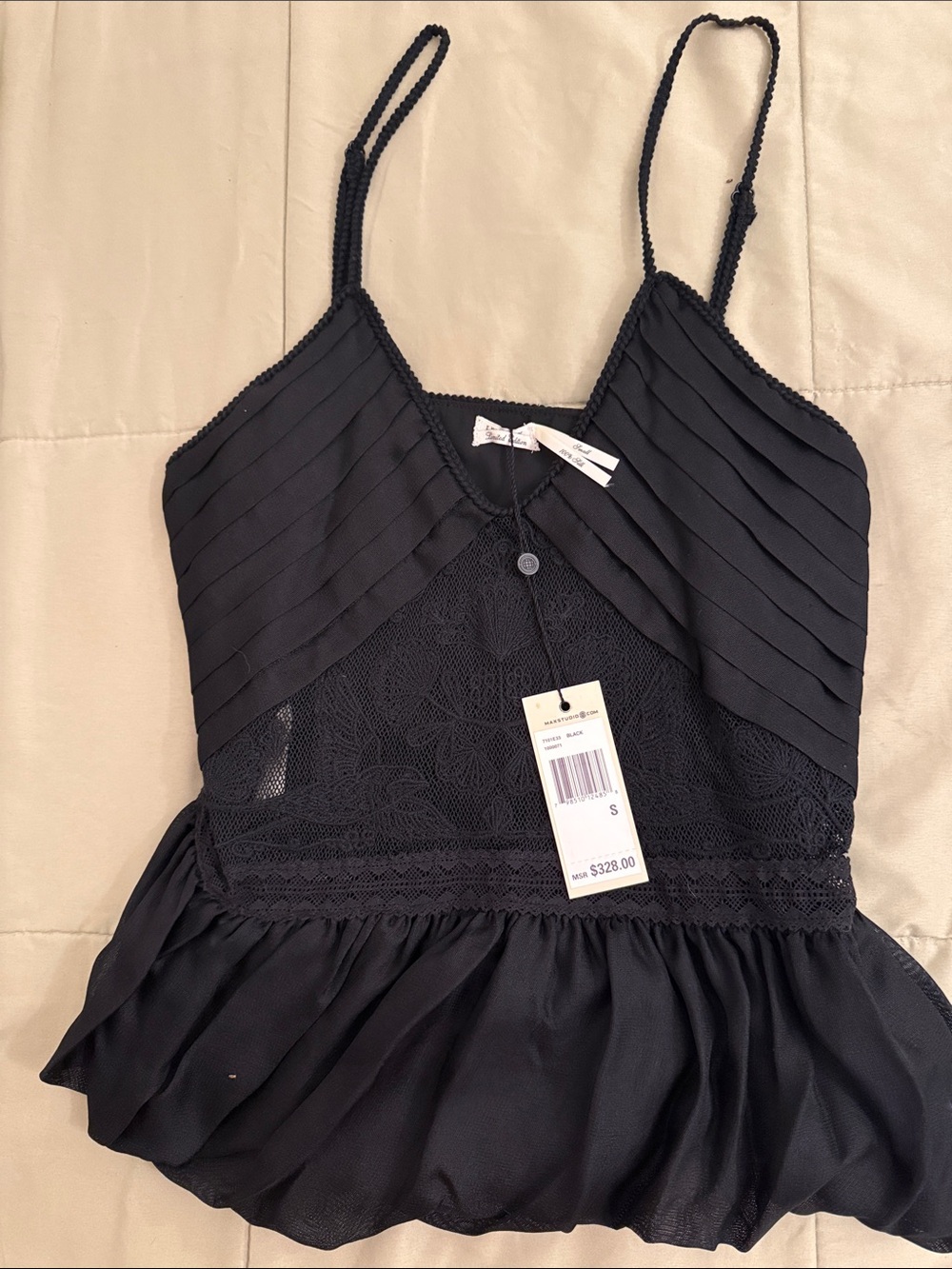 Max studio limited silk black top with lace detail